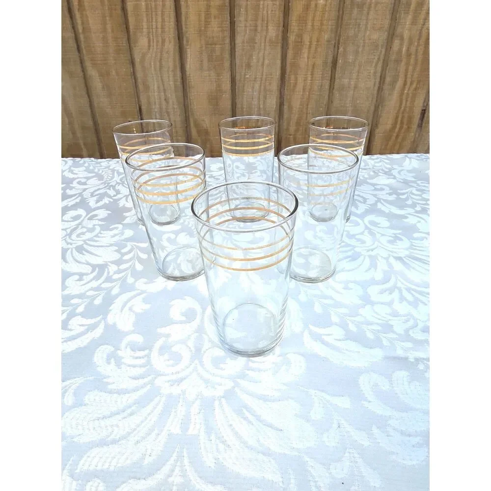 Lot of 6 Vintage  Gold Rimmed MCM High Ball Glasses Cocktail Glass